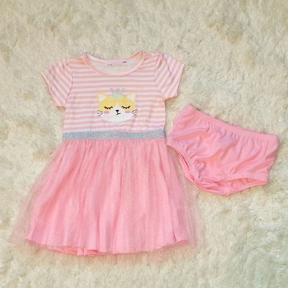 YOUNG HEARTS PINK AND WHITE STRIPED CAT TULLE DRESS WITH PANTIES, SIZE 18 MONTHS